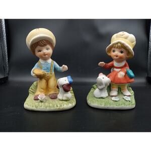 Pair Vintage Homco Figurines Boy And Girl With Pets‎ Dogs Puppies Set of 2 #1430